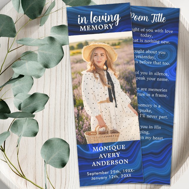 Modern Blue Marble Photo Memorial Poem Funeral Bookmarks (Creator Uploaded)