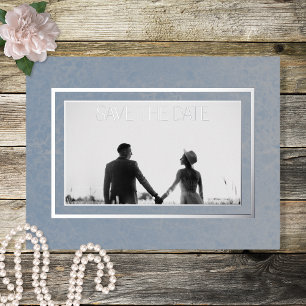 Modern Blue Marble Photo Wedding Save the Date Foil Holiday Postcard