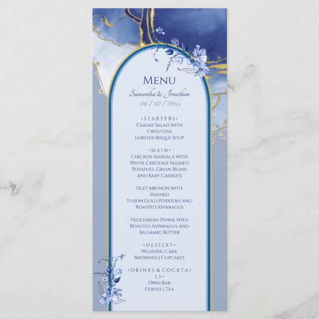 Modern Blue Marble Wedding Flat Menu (Front)