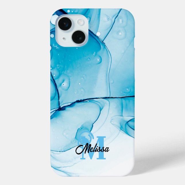 Modern Blue Marbled monogram Case-Mate iPhone Case (Back)