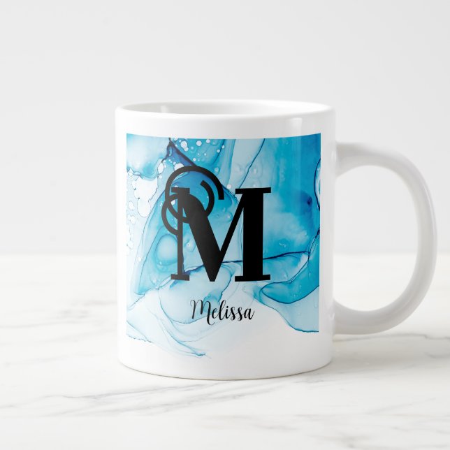 Modern Blue Marbled Monogram Giant Coffee Mug (Right)