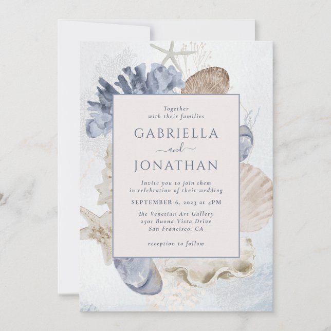 Modern Blue Marine Coral Seashells Wedding Invitation (Front)
