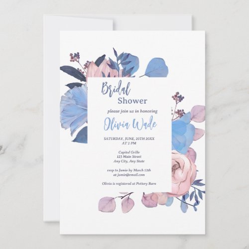 Modern Blue  Mauve Watercolor Bridal Invitation