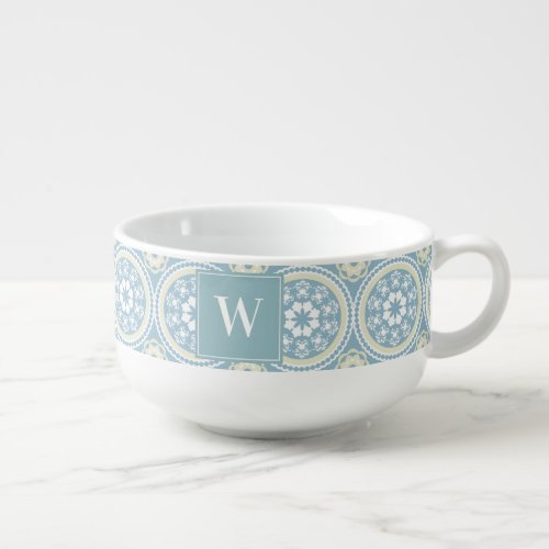 Modern Blue Medallion Monogrammed Soup Mug