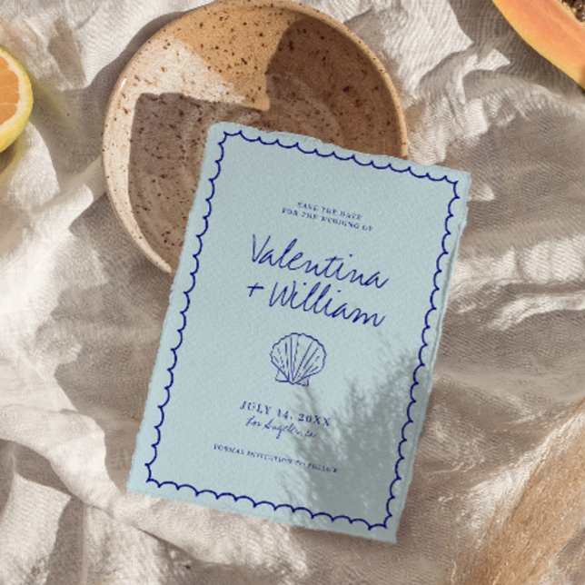 Modern Blue Mediterranean Shell Save The Date Invitation (Creator Uploaded)