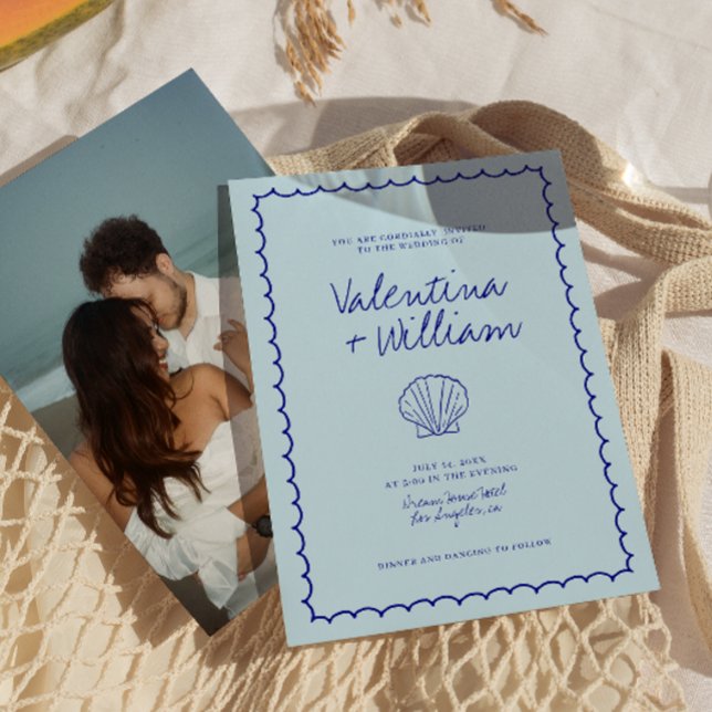 Modern Blue Mediterranean Shell Wedding Invitation (Creator Uploaded)