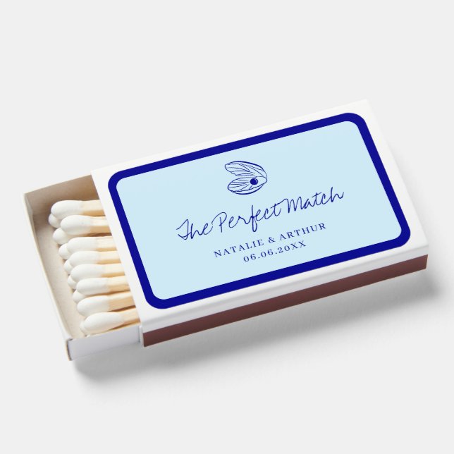 Modern Blue Mediterranean Shell Wedding Matchboxes (Front Open)