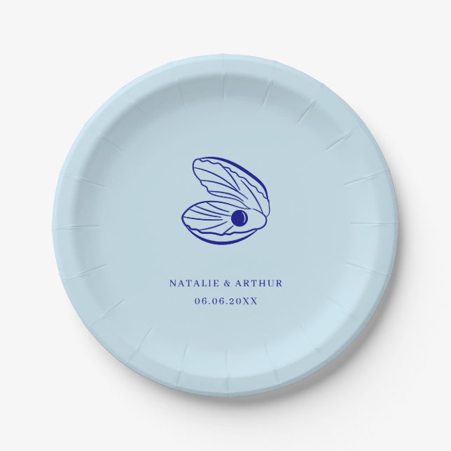 Modern Blue Mediterranean Shell Wedding  Paper Plates (Front)