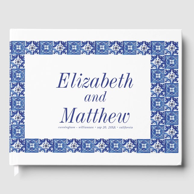 Modern Blue Mediterranean Wedding Guest Book (Front)