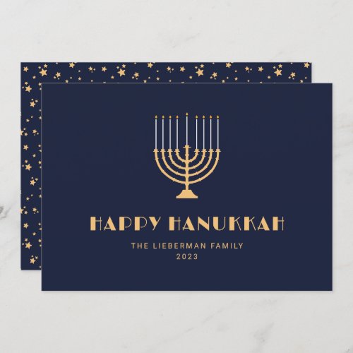 Modern Blue Menorah Stars Happy Hanukkah Card
