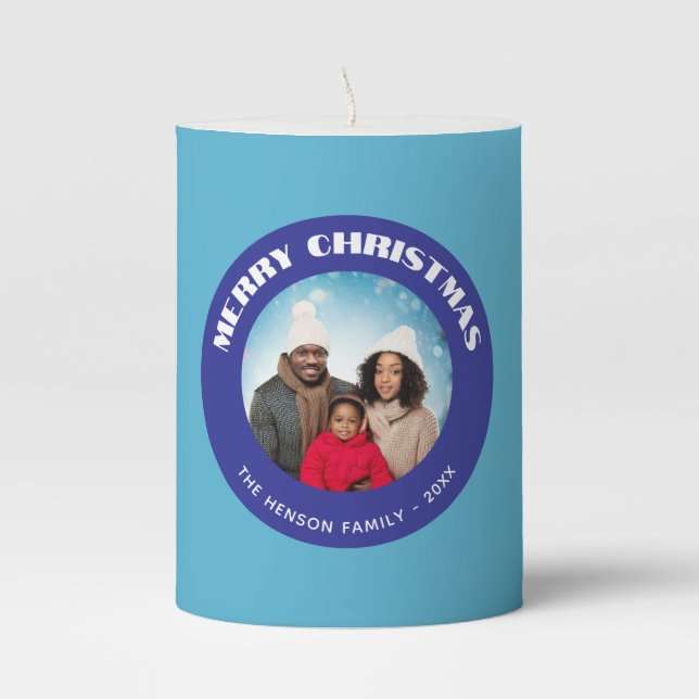 Modern Blue Merry Christmas Family Photo Pillar Candle (Front)