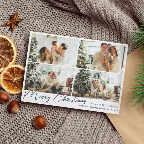 Modern Blue Merry Christmas Four Photo Collage  Holiday Card