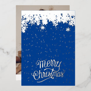 Modern Blue Merry Christmas Photo Family Foil Holiday Card
