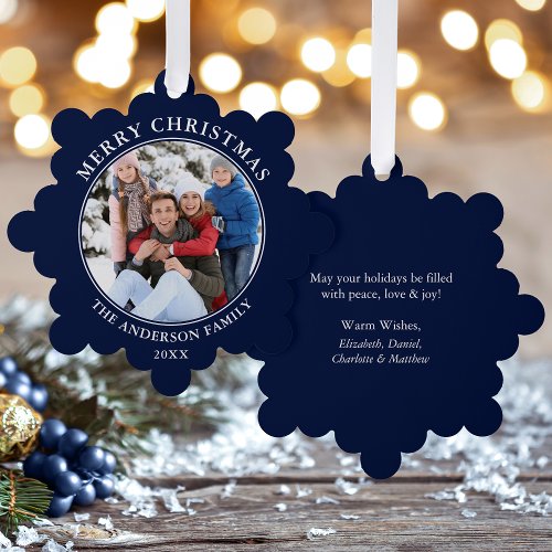Modern Blue Merry Christmas Photo Ornament Card