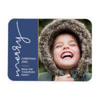 Modern blue Merry Christmas Script Photo Card