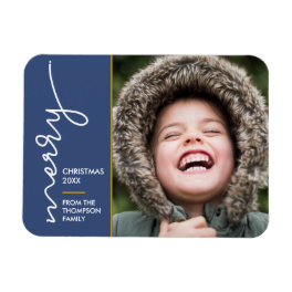 Modern blue Merry Christmas Script Photo Card Magnet