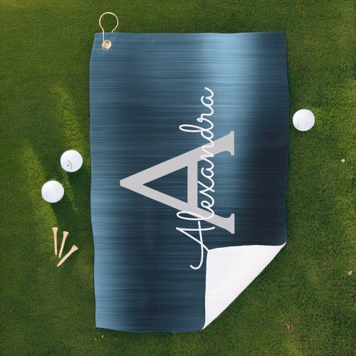 Modern Blue Metallic Foil Monogram Name Golf Towel