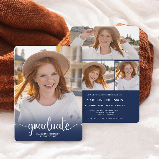 Modern Blue minimal 4-Photo script Graduation Invitation (Modern Blue minimal 4-Photo script Graduation Invitation)