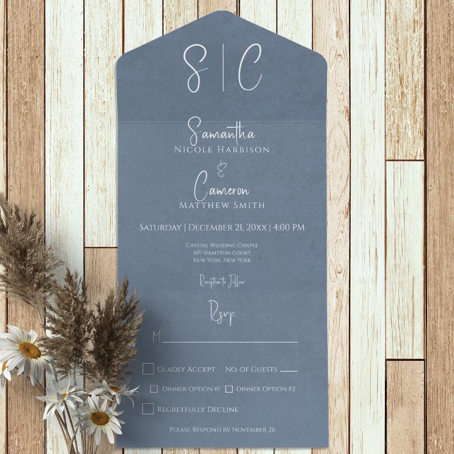 Modern Blue Minimal Monogram Dinner All In One Invitation (Creator Uploaded)
