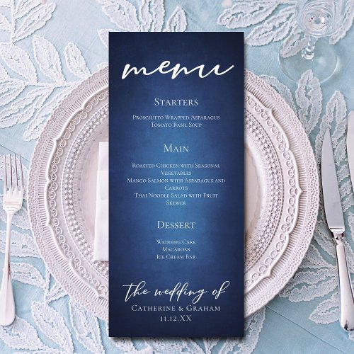 Modern Blue Minimalist Evening Wedding Dinner Menu