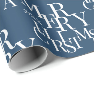 Modern Blue Minimalist Typography Merry Christmas Wrapping Paper