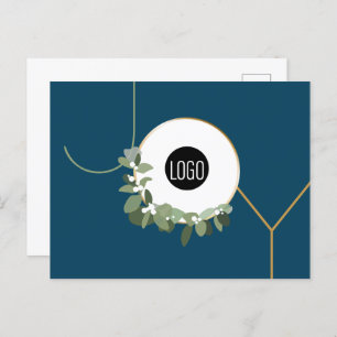 Modern Blue Minimalist Wreath JOY Business logo Holiday Postcard