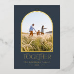 Modern blue modern minimal arch photo together foi foil holiday card<br><div class="desc">Modern elegant trendy typography Merry Christmas navy blue,  black and white real foil gold,  silver and rose gold holiday 1 photo card design.</div>