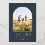 Modern blue modern minimal arch photo together foi foil holiday card<br><div class="desc">Modern elegant trendy typography Merry Christmas navy blue,  black and white real foil gold,  silver and rose gold holiday 1 photo card design.</div>
