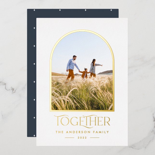 Modern blue modern minimal arch photo together foil holiday card (Front/Back)