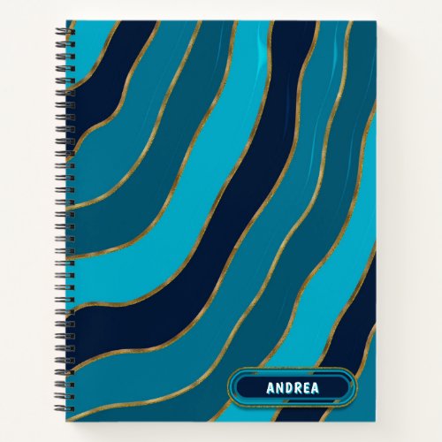 Modern Blue Monochromatic Tones Wavy Gold Stripes  Notebook