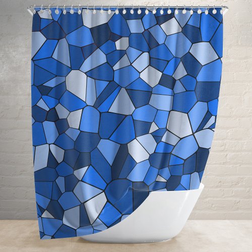 Modern Blue Monochrome Geometric Mosaic Pattern Shower Curtain