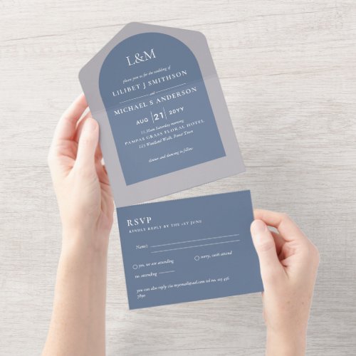 Modern Blue Monochrome Text only Wedding All In One Invitation