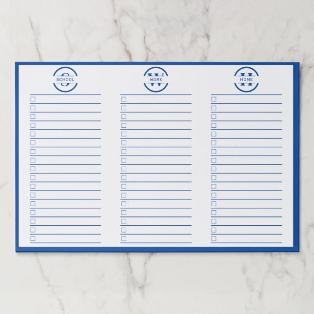 Modern Blue Monogram 3 To Do Lists Paper Pad (Front)