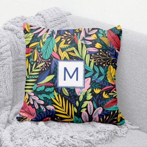 Modern Blue Monogram Colorful Leaves Line Art Throw Pillow