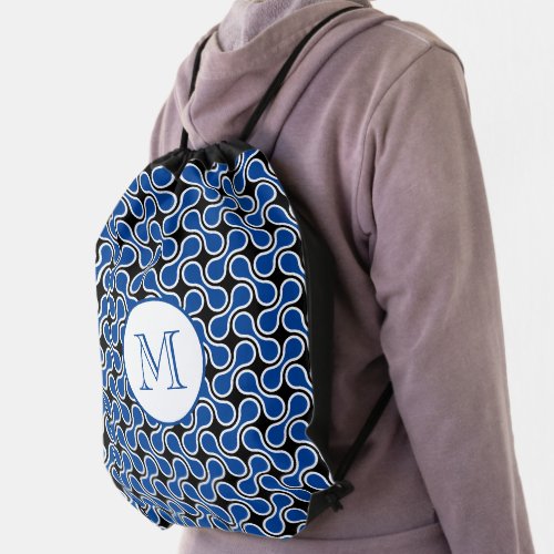 Modern Blue Monogram Geometric Pattern Drawstring Bag