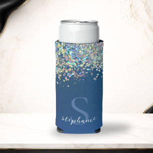 Modern Blue Monogram Holographic Glitter Custom Seltzer Can Cooler