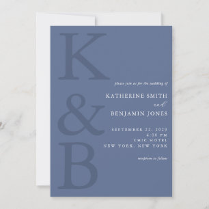 Modern Blue Monogram Minimalist Wedding Invitation