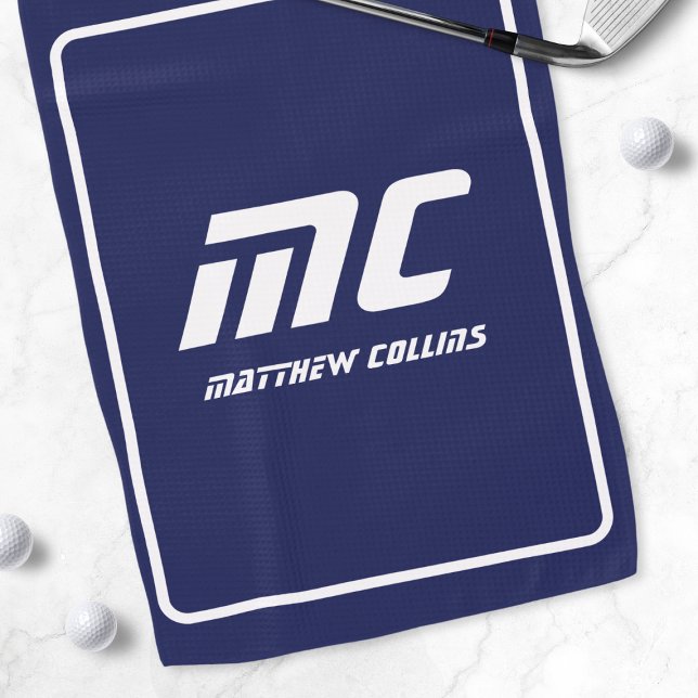 Modern Blue Monogram Minimalist White Name Simple Golf Towel (Modern Blue Monogram Minimalist White Name Simple Golf Towel)