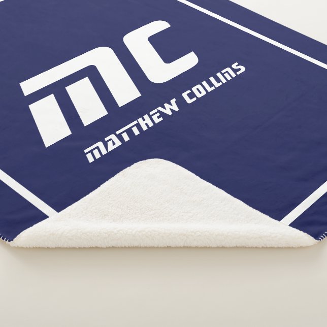 Modern Blue Monogram Minimalist White Name Simple Sherpa Blanket (3/4)