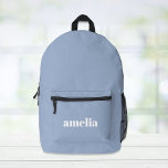 Modern Blue Monogram Name Printed Backpack<br><div class="desc">Personalized light denim blue backpack with your monogram name or initials in a bold and trendy white font.</div>