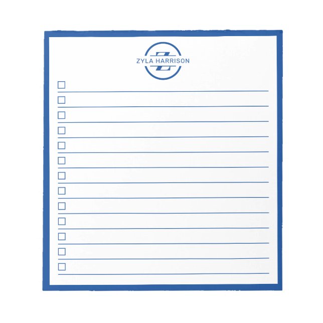 Modern Blue Monogram Name To Do List 5.5" x 6" Notepad (Front)