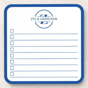 Modern Blue Monogram Name To Do List Whiteboard Beverage Coaster