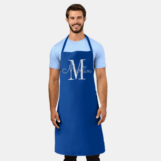 Modern Blue Monogram Personalized Name Apron (Worn)