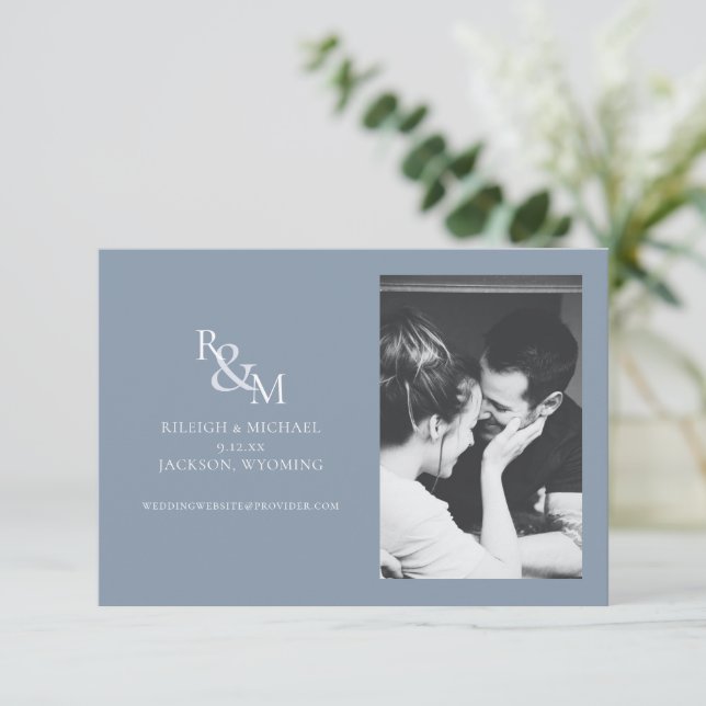Modern Blue Monogram Save the Date Photo (Standing Front)