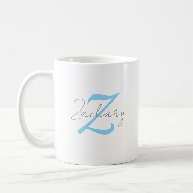 Modern Blue Monogram & Script Name Personalized  Coffee Mug (Left)