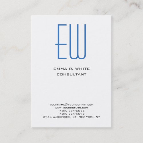 Modern Blue Monogram White Professional Business Card