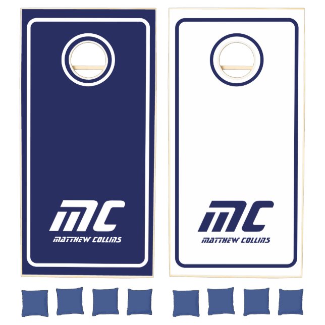 Modern Blue Monogrammed Cool Name Simple White Cornhole Set (Set)