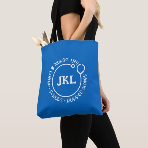 Modern Blue Monogrammed Stethoscope Nurse Tote Bag