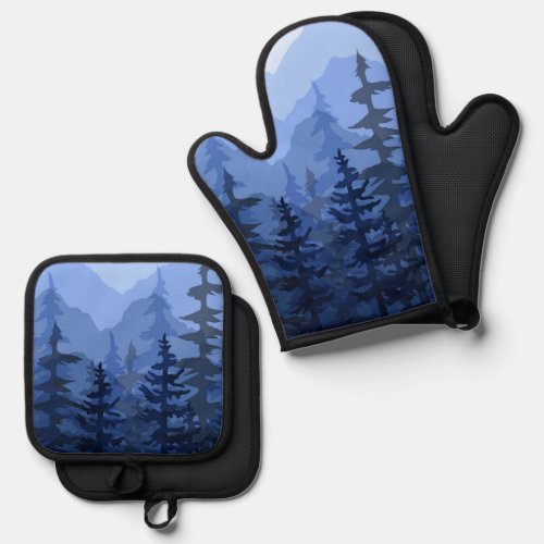 Modern Blue Mountain Forest Oven Mitt  Pot Holder Set