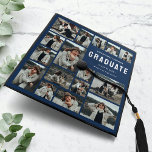 Modern Blue Multi Photo Graduation Cap Topper<br><div class="desc">This modern blue graduation cap features 16 photos for you to replace with your own,  the title 'graduate' in a modern sans serif font,  the grads name,  class year,  and the college/school they attended.</div>